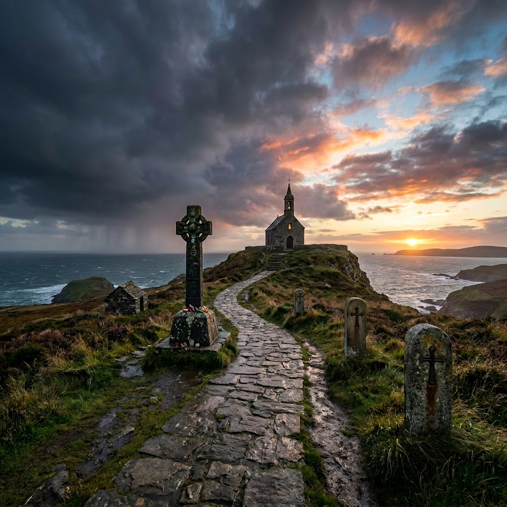 Stone chapel on cliff with crosses and graves under dramatic sunset sky