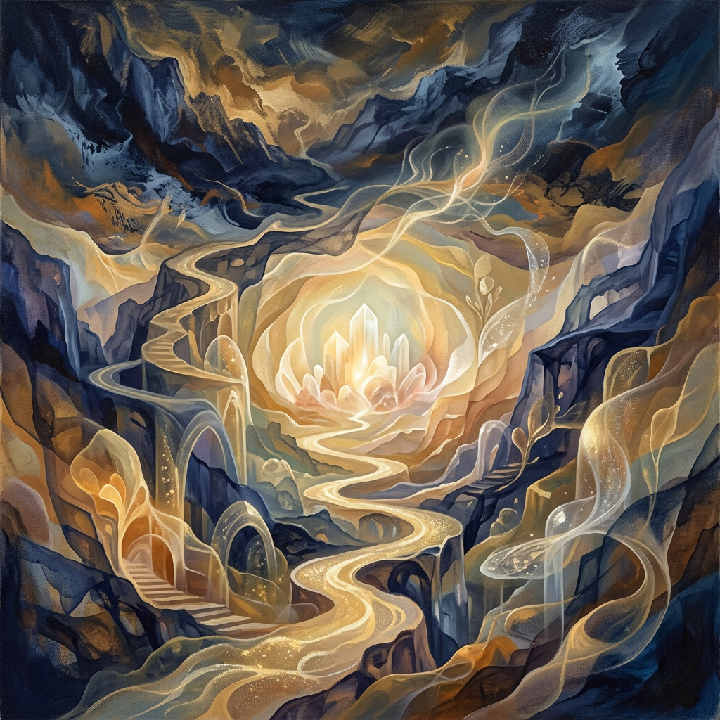 Glowing crystal sanctuary surrounded by winding paths and dark mountains