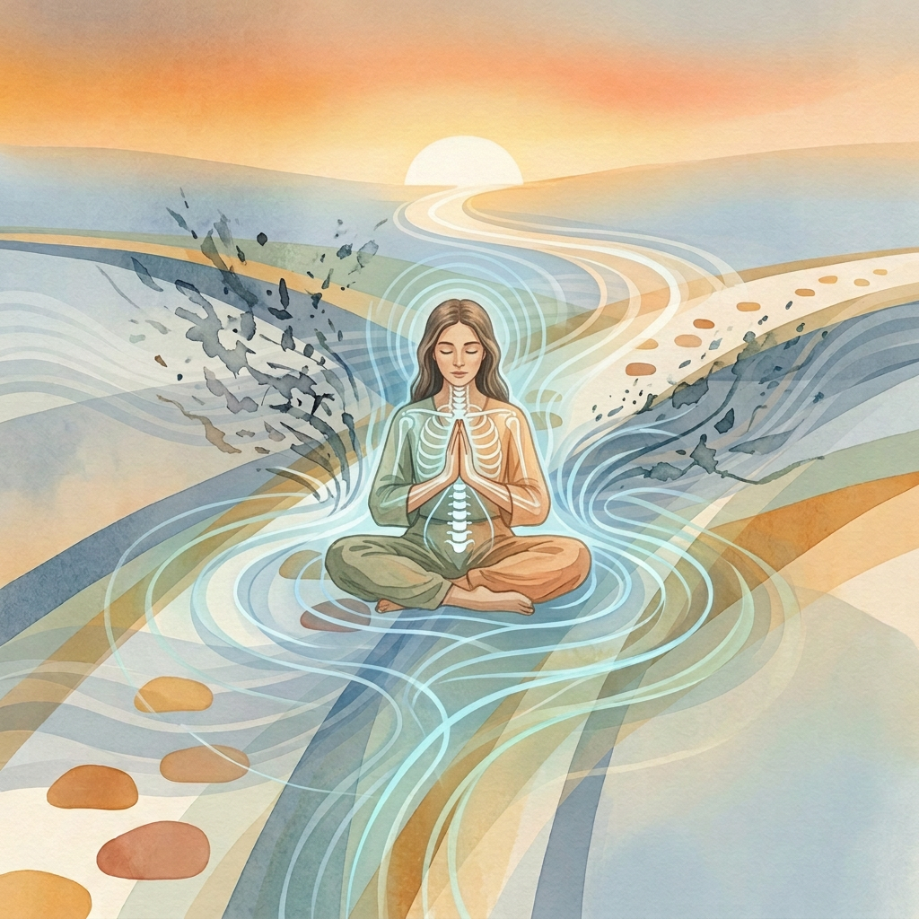 Meditating figure with visible skeleton surrounded by flowing energy and sunrise landscape